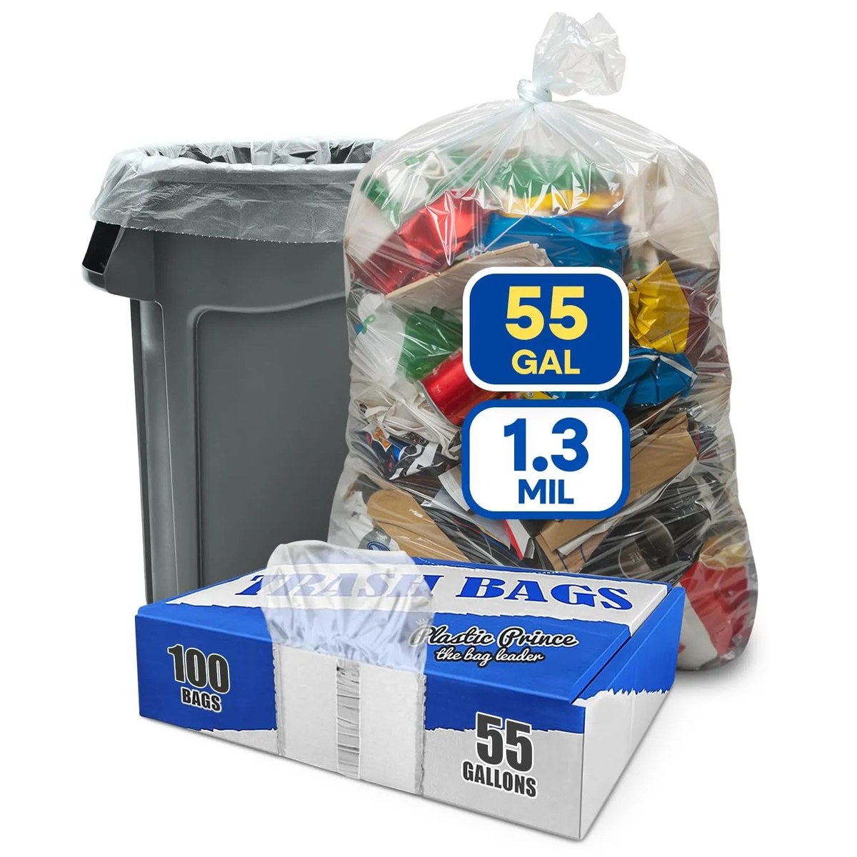 Plastic Prince 583C Can Liner, 55 gal, 1.3 Mil, 22 in x 14 in x 50 in, Clear, 100 per Case